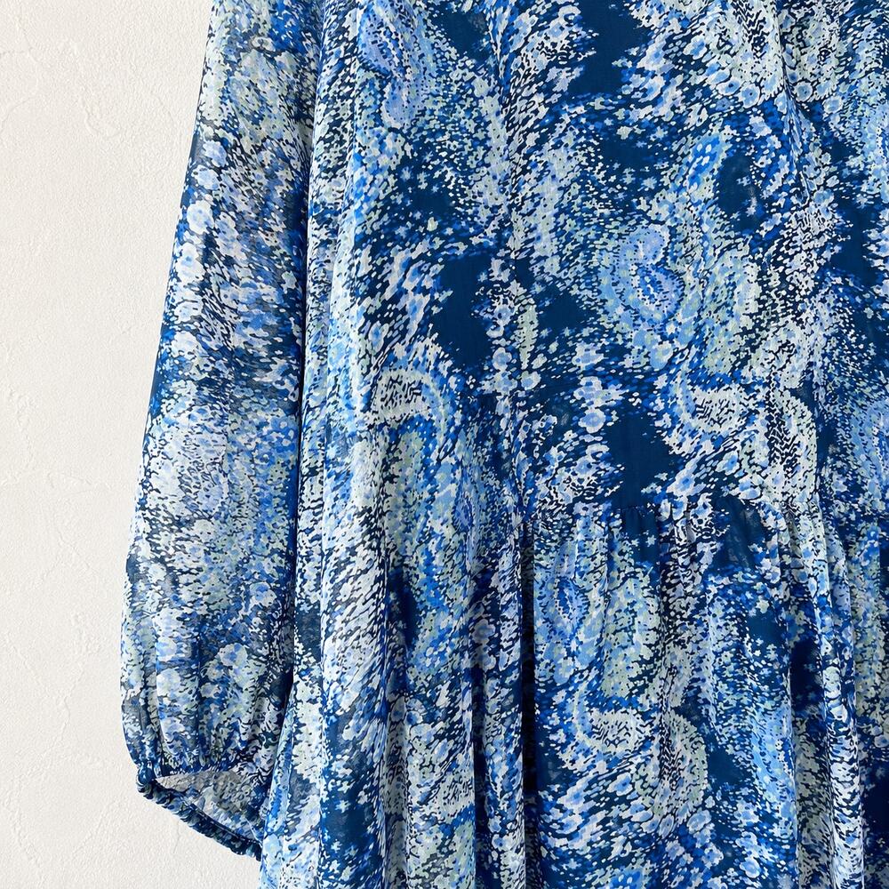 Joie Blue Paisley Chiffon High Low Midi Dress Balloon Sleeve Medium - Picture 3 of 9